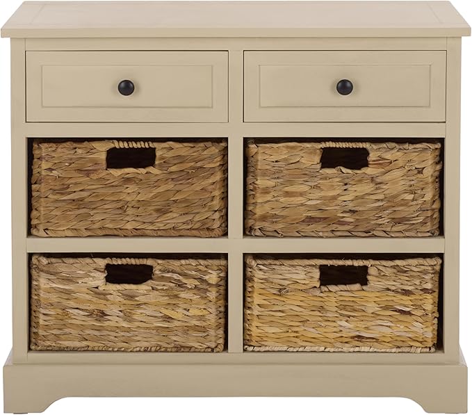 SAFAVIEH Home Collection – Herman Sand Storage Unit, 2-Drawer 4-Basket Mixed-Material Organizer, Fully Assembled (AMH5702J)