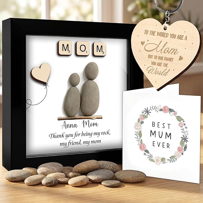 Personalized Mom Pebble Art Frame, Thank You for Being My Rock, Handcrafted Wall Art Gift Mom, Grandma or Nana, Meaningful Birthday, Mother’s Day & Appreciation Gift from Daughter, Son, Grandkids