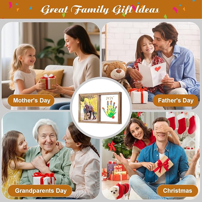 Lurgno Family Handprint Kit, DIY Baby Hand and Footprint Kit， Handmade Keepsake Wooden Frame, Family Gifts with 5 Non-Toxic Baby-Safe Paint, Ideas Gift for New Parents, Father's Day, Mother's Day