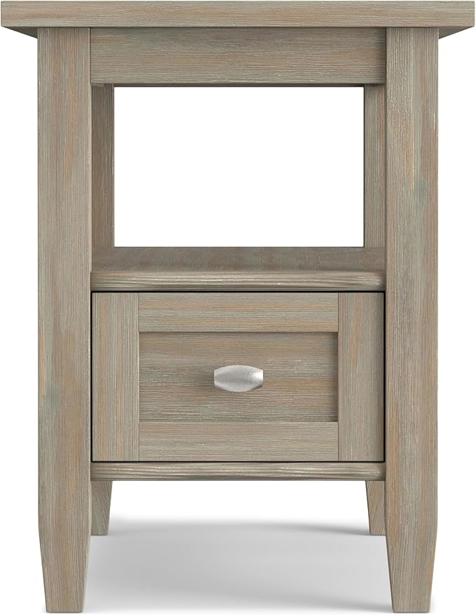 SIMPLIHOME Warm Shaker End Table - 14 inch Wide Solid Wood Narrow Side Table in Distressed Grey, Transitional Accent Table for Living Room or Bedroom with Drawer, Open Shelf and Square Tapered Legs