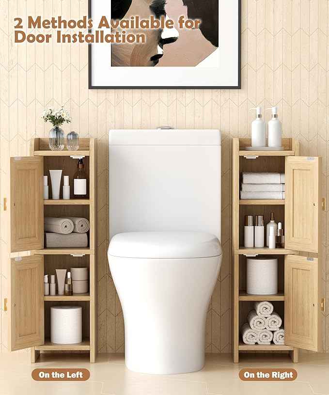 Rattan Small Bathroom Cabinet with 2 Doors, 7.9''D x 7.9''W Narrow Toilet Paper Storage Cabinet, Bathroom Organizer for Small Spaces, Wooden Slim Corner Unit with Adjustable Shelf, Natural Oak
