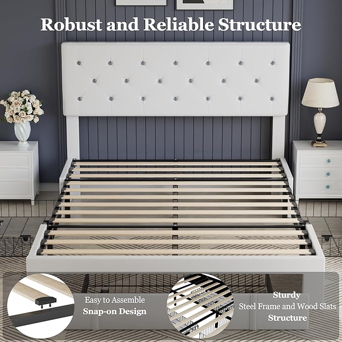 VECELO Full Size Bed Frame with 3 Storage Drawers, Leather Upholstered with Diamond Tufted Headboard, Solid Wood Slat Support, No Box Spring Needed, PU & White