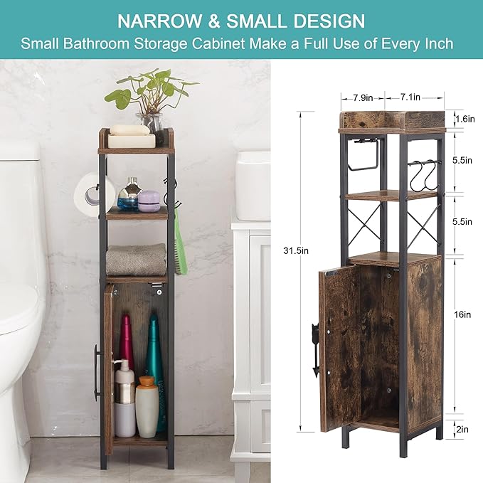VECELO Small Bathroom Cabinet,Slim Toilet Paper Holder with Door&2 Shelves, Upgraded Narrow Storage Organizer for Restroom Bathroom Tiny Space,Metal Scroll Fenced Top Waterproof Coating,Brown