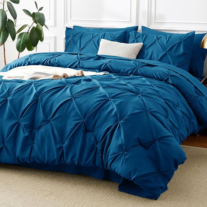 CozyLux Queen Comforter Set Teal, 7 Pieces Pintuck Bed in A Bag, Premium Teal Comforter Queen Size, Pinch Pleat Bedding Sets with Comforter, Sheets, Pillowcases & Shams