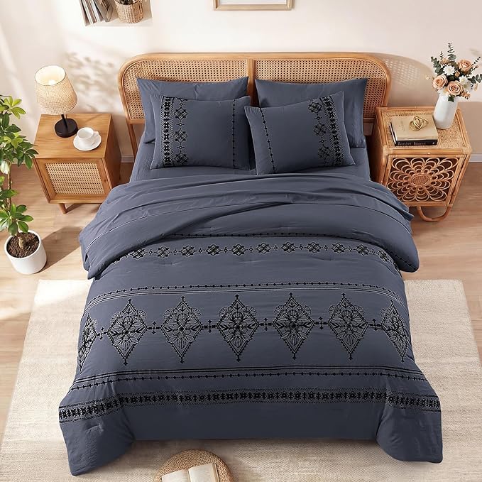 MaiRêve Full Size Comforter Set Crown Blue, Embroidery Floral Western Boho Bedding Set, All Season 7 Pieces Bed in a Bag with Sheets, Pillowcases & Shams