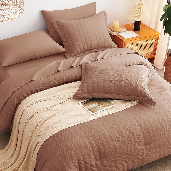 CozyLux King Size Comforter Set Mocha Mousse Seersucker 7 Pieces Bed in a Bag King Comforter Set with Sheets, Luxury Bedding Set with Down Alternative Comforter, Sheets, Pillowcases & Shams All Season