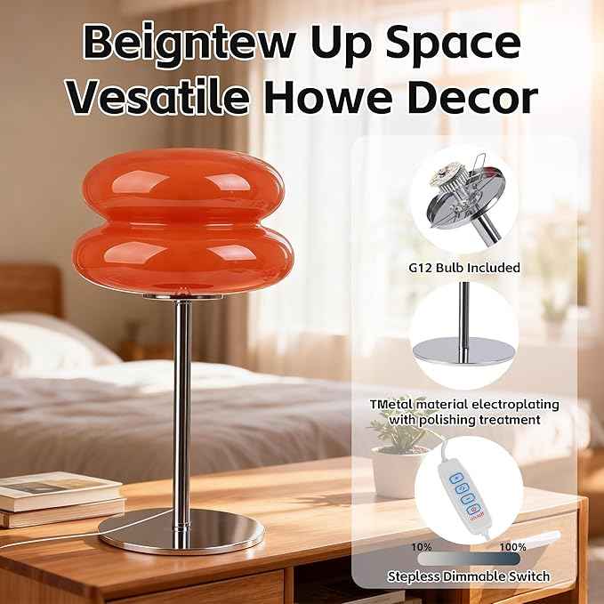 Bedroom Mushroom lamp, Medieval Modern Bedside Table lamp, dimmable Retro Egg Tart Headlight, Unique Home Mushroom Decoration Aesthetic Lovely Living Room Desk lamp (Orange)