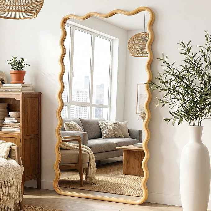 Wavy Mirror for Wall, 55"x28" Boho Wavy Wood Mirror Large Full Length Decorative Mirror with Tempered Glass, Natural Wooden Frame Vanity Mirror for Bedroom, Living Room, Entryway