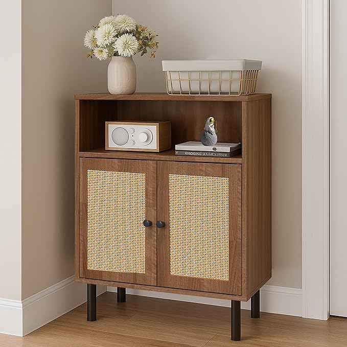 Rattan Storage Cabinet, Boho Accent Cabinet with Double Doors, Small Freestanding Sideboard for Hallway, Laundry Room,Kitchen, Dining Room, Entryway (Walnut)