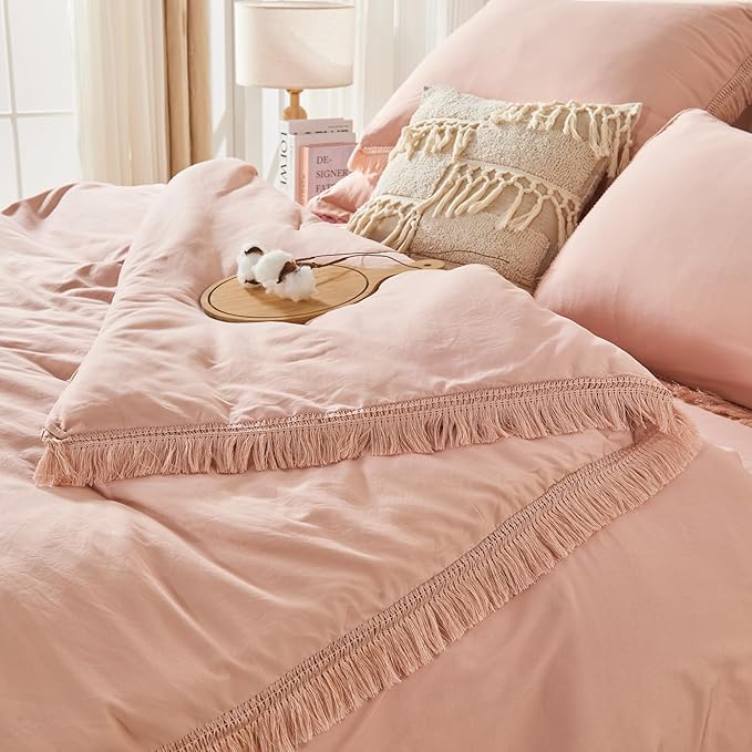 Andency Pink King Size Comforter Set with Sheets - 7 Pieces Boho Tassel Bed in a Bag Soft Lightweight Bedding Sets, Pink Fringe Bed Set with Comforter, Sheets, Pillowcases & Shams