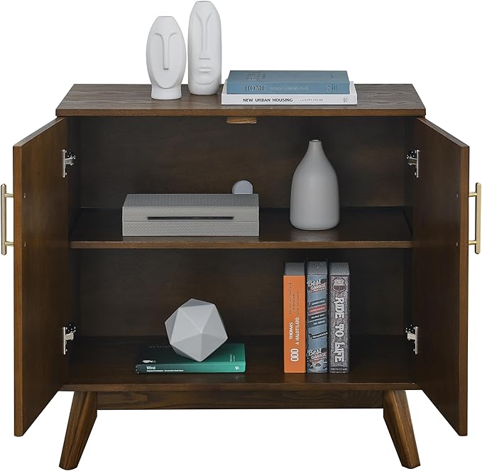 Ball & Cast 32" Mid Century Modern Sideboard Cabinet with Storage, Fluted Buffet Credenza Cabinet with Solid Wood Legs & Adjustable Shelf for Living Room, Entryway, Kitchen Coffee Bar, Walnut