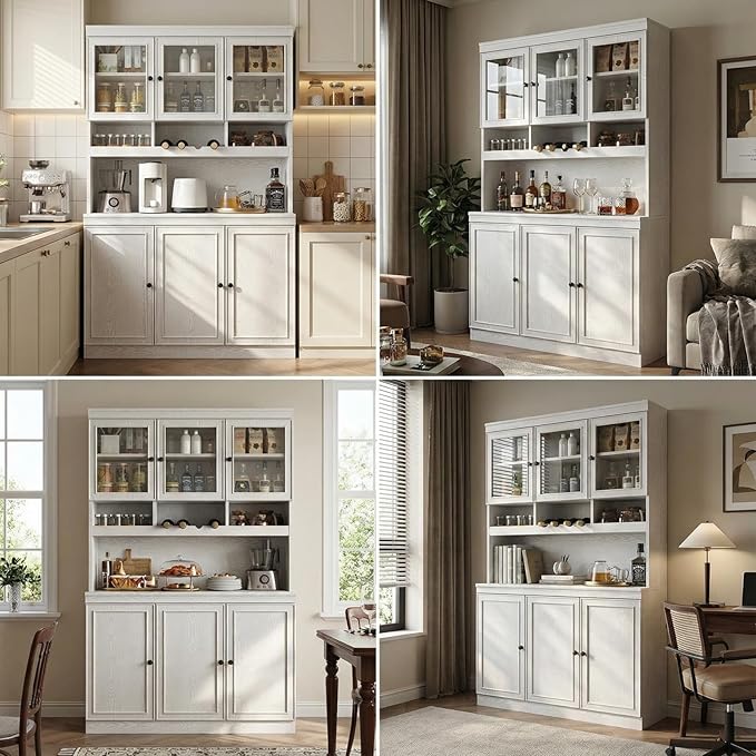 LIKIMIO 74.8" China Cabinet with Glass Doors, Tall Kitchen Pantry, Storage Cabinet with Microwave Stand, 4 Adjustable Shelves, Wine & Glass Station, Modern Display Cabinet for Home Living Room, White