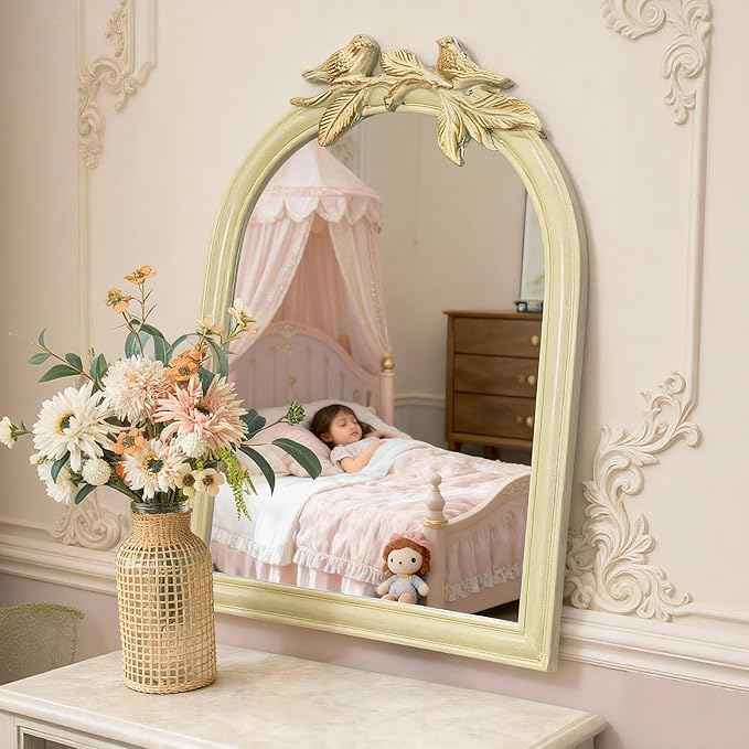 Cream Bird Bow Mirror - 13x10 Inch Perfect Elegant Decorative Accent, Wall-Mounted Tabletop Makeup Mirror for Nursery Baby Room Bedroom Decor