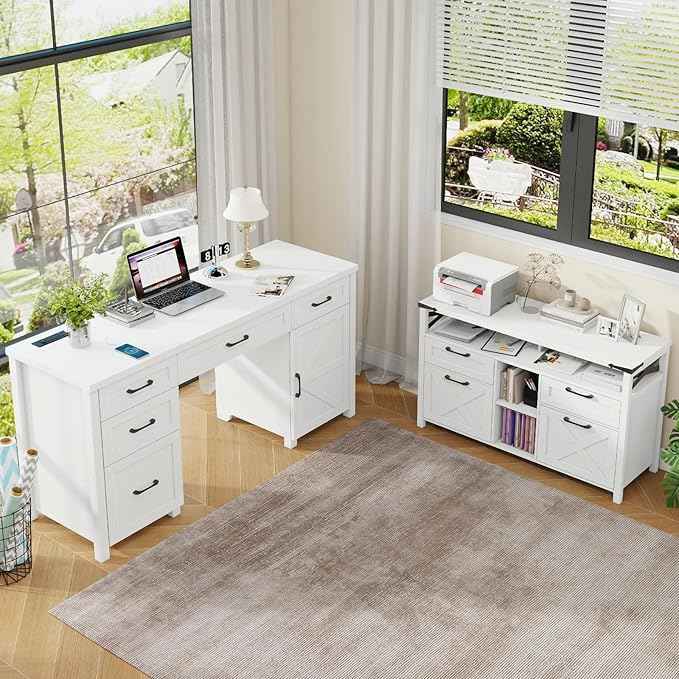 Farmhouse Filing Cabinet with Adjustable Shelf for Home Office, Lateral File Cabinets 4 Drawers with Open Storage Shelf, Filing Organization Storage Cabinets for Hanging Files Letter/A4.(White)