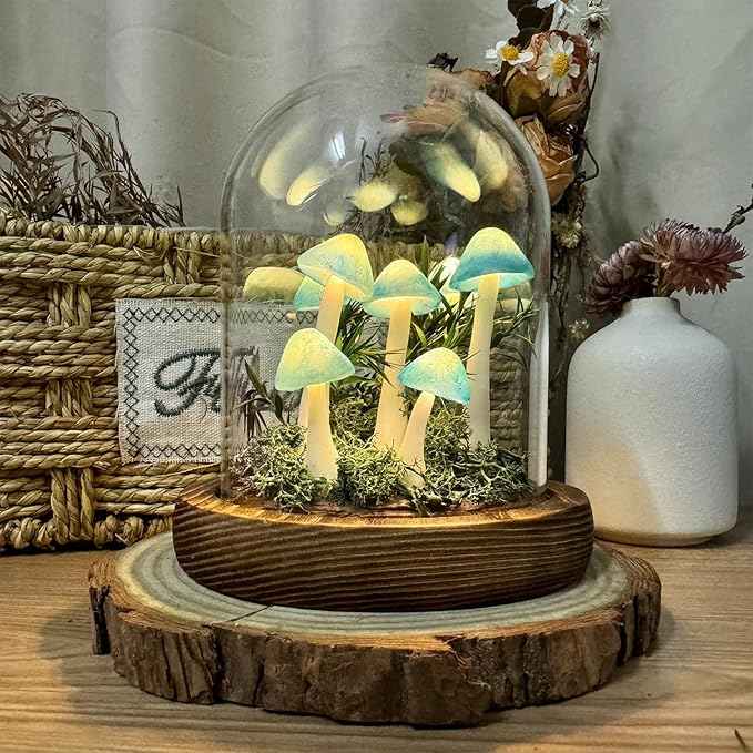 Mushroom Lamp, Decor LED Light in Glass Dome with Base for Home Bedroom Decor Birthday with Birthday Valentines Anniversaries Gifts Box (Blue-01)