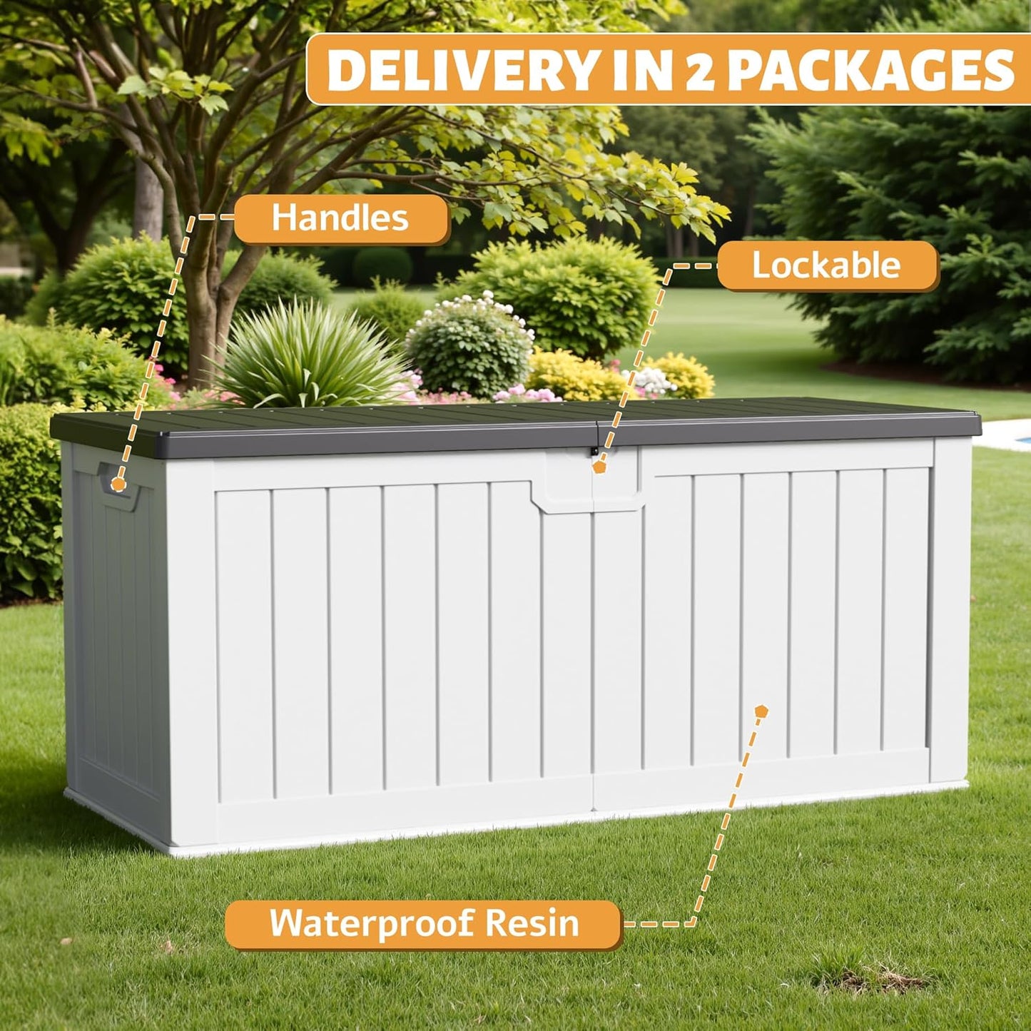 Flamaker Resin Deck Box 250 Gallon, Waterproof Imitation-Wood Lockable Storage Box with Separator Plate Outdoor Indoor, Garden, Patio Furniture for Tools&Pool Accessories (White with Black Cover)