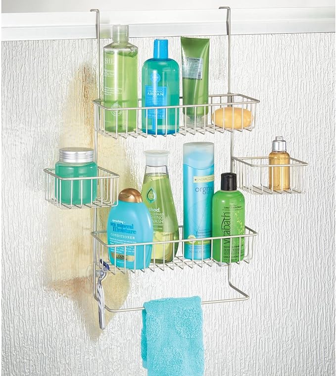 mDesign Steel Over The Door Shower Caddy - Hanging Shower Organizer Rack w/ 4 Baskets, 2 Hooks - in-Shower Hanging Caddy for Bathroom - Over Door Shower Caddy Hanger - Klypon Collection - Matte Satin