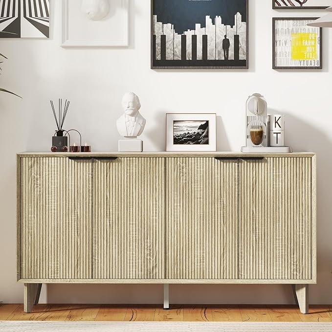 Fluted Cabinet with Storage, Buffet Storage with 4 Doors, Buffet Sideboard Accent Cabinet with Adjustable Shelves for Living Room, Kitchen, Entry, Hallway, Natural