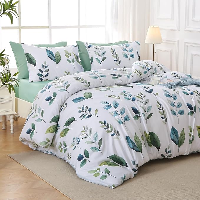 MUXHOMO Grey Green Foliage Bed in a Bag Queen 7 Pieces, Queen Comforter Set Reversible Botanical Flowers Design, Ultra Soft & Breathable Bedding Sets with Comforter, Sheets, Pillowcases & Shams