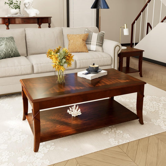 Solid Wood Coffee Table with Storage Shelf, Mid-Century Living Room Tables with Carved Tabletop and Leg, 43.3” Splicing Cocktail Center Sofa Table, Cherry Brown KFZ-DR200