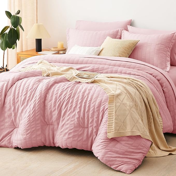 CozyLux Full Size Comforter Sets with Sheets Seersucker 7 Pieces Pink Bed in a Bag Textured Luxury Soft Bedding Set with Down Alternative Comforter, Sheets, Pillowcases & Shams for All Seasons