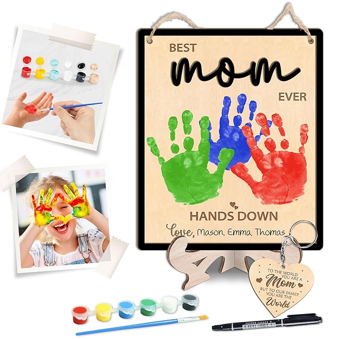 Mommy Handprint Art Sign, DIY Mothers Day Handprint Plaque and Keychain Set, Family Handprints Sign, Birthday Mother's Day Gifts for Mom from Kids, Crafts Keepsake Memory, Best Mom Ever Hands Down