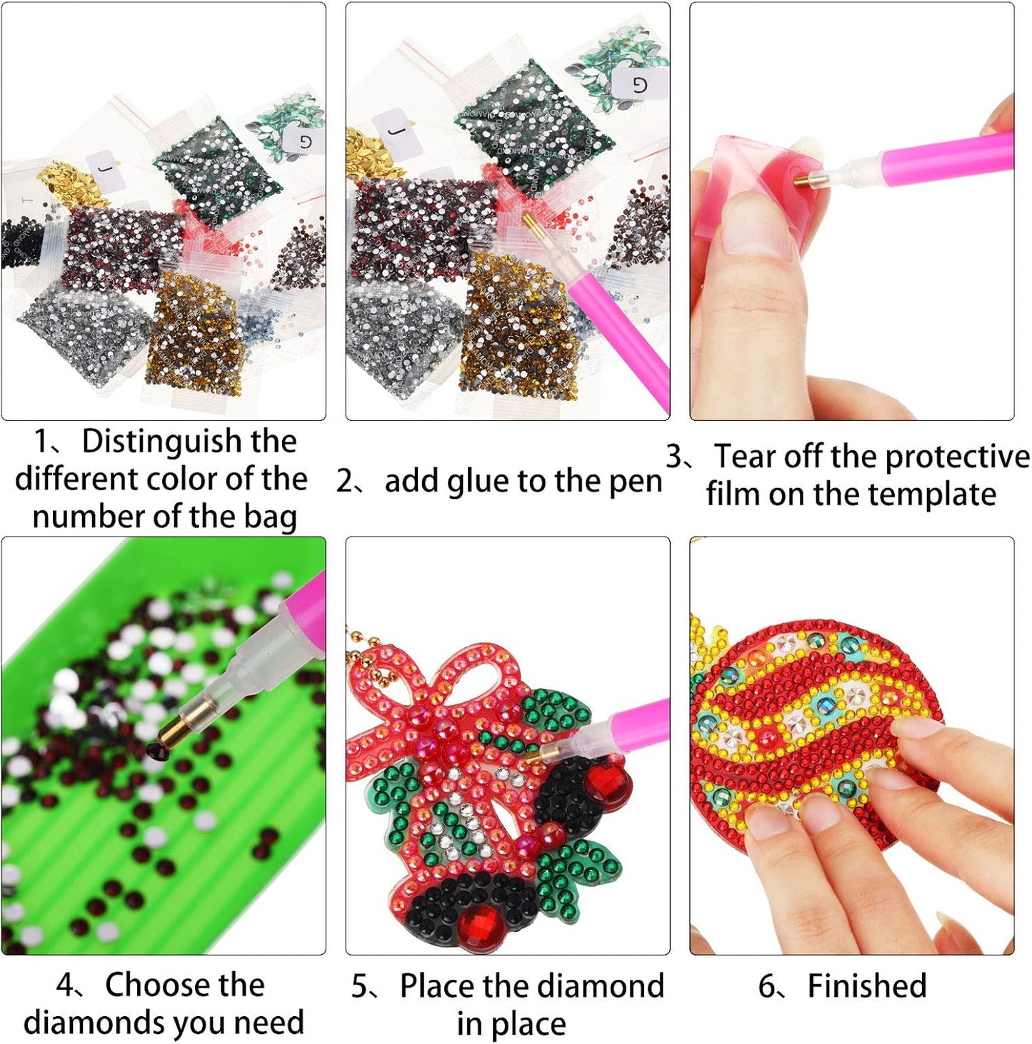 Yaomiao 17 Pieces Double Sided Diamond Art Christmas Ornaments Christmas Keychains Diamond Art Kit for Adult DIY 5d Painting Round Drill Key Chain Xmas Crystal Rhinestone Arts Craft Keychain Supplies