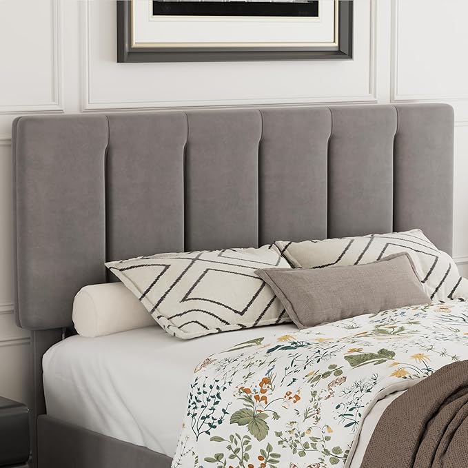 VECELO Full Size Bed Frame with Upholstered Headboard, Platform Bedframe with Strong Wooden Slats Support, No Boxing Spring Needed, Dark Grey