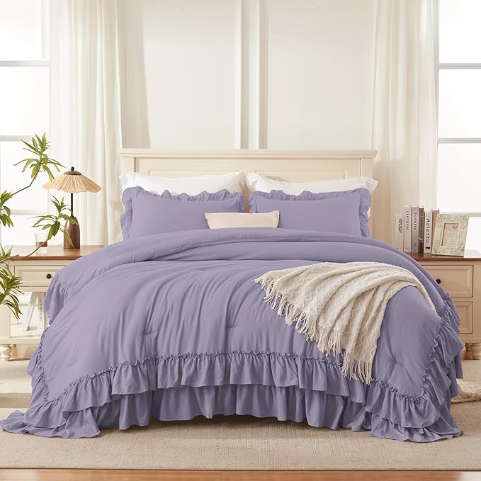 Andency Grayish Purple Ruffle Comforter Full Set, 3pcs Vintage Farmhouse Shabby Chic Bedding Comforter Set, Soft Lightweight Fluffy Bed Comforter Sets All Season Bedding Set