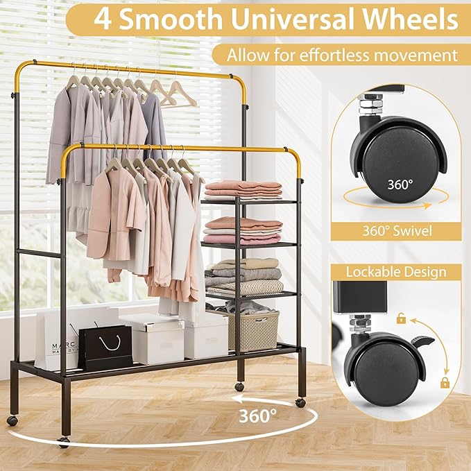 Tangkula Rolling Double Rods Garment Rack, Clothes Drying Rack with Height Adjustable Hanging Bars, Storage Shelves & Lockable Wheels, Heavy-duty Steel Clothing Rack for Indoor & Outdoor Use (Gold)