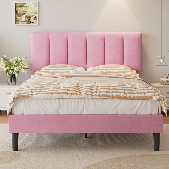 VECELO Full Bed Frame with Upholstered Headboard, Heavy-Duty Platform Bedframe with Strong Wooden Slats Support, No Boxing Spring Needed, Pink