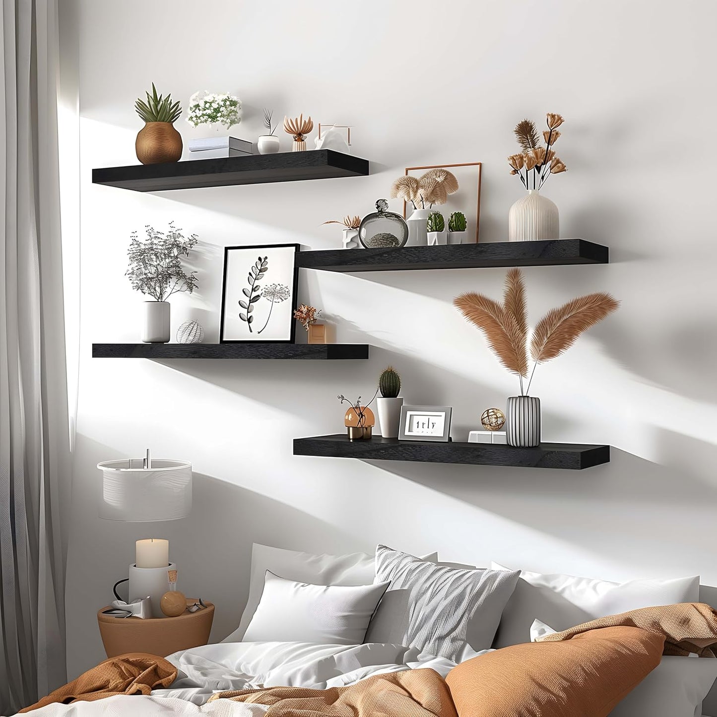 Black Wood Floating Shelves for Wall Rustic Wall Shelves for Bedroom Set of 6 - Décor Diaries