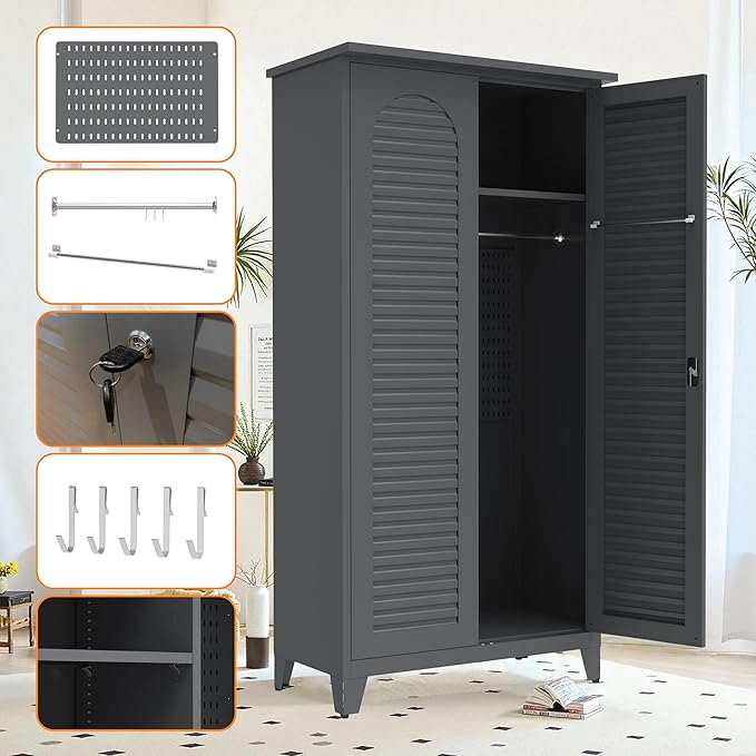 Shutter Metal Storage Cabinet,Waterproof 73'' Tall Freestanding Tool Chest w/ 3 Adjustable Shelves,Locking Doors,2 Hanging Rod,Utility Garage Storage Tool Cabinet for Garage,Home,Office,Outdoor,Black