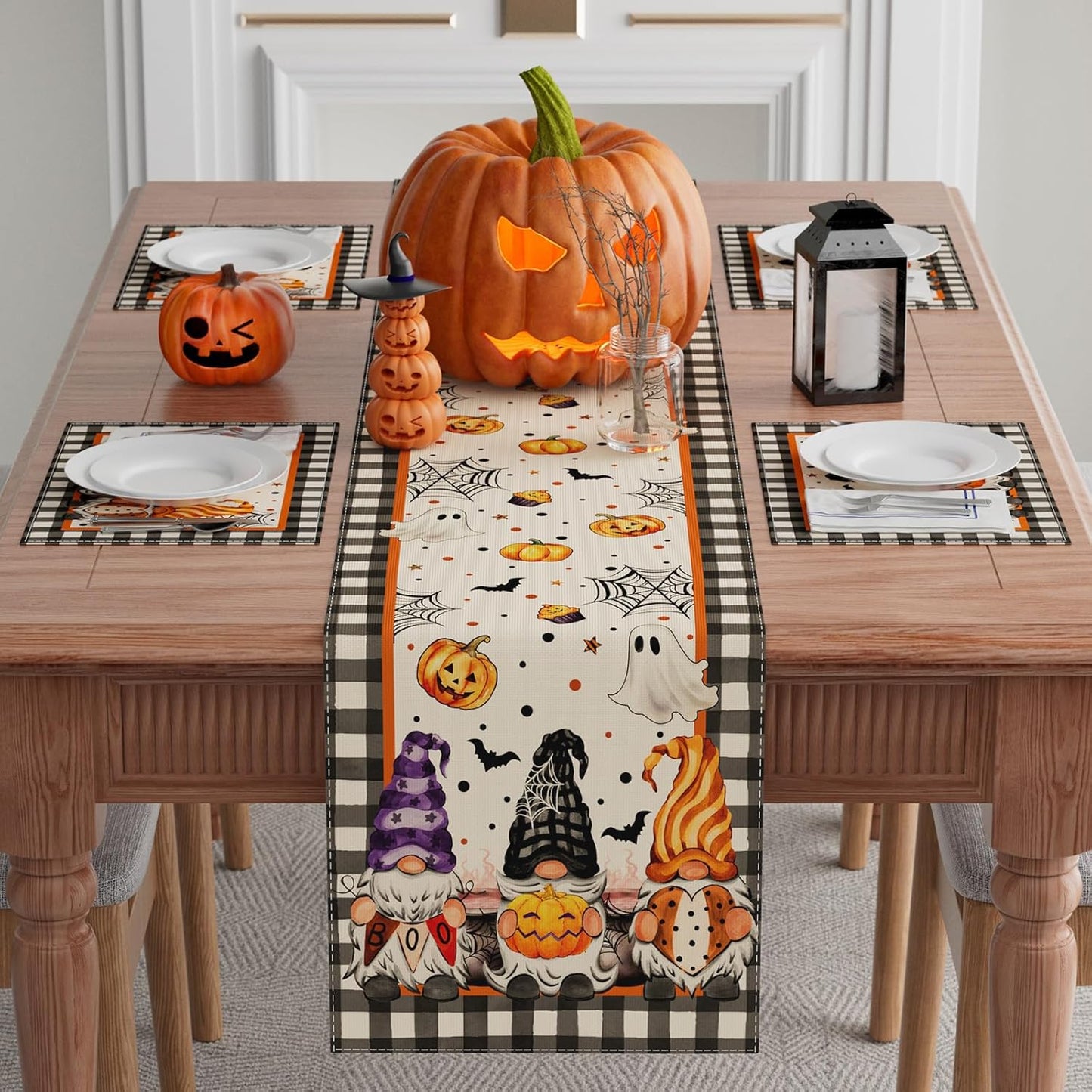 XCHI Spooky Boo Plaid Gnome Halloween Table Runner Party Table Decoration for Home Kitchen Dining Holiday Decor 13x36 Inch