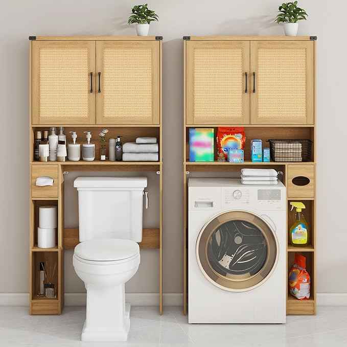 Vabches Over The Toilet Storage Cabinet, Farmhouse Rattan Storage Cabinet Over Toilet with 2 Rattan Barn Doors & Home Space-Saving Toilet Rack, for Bathroom, Restroom, Laundry
