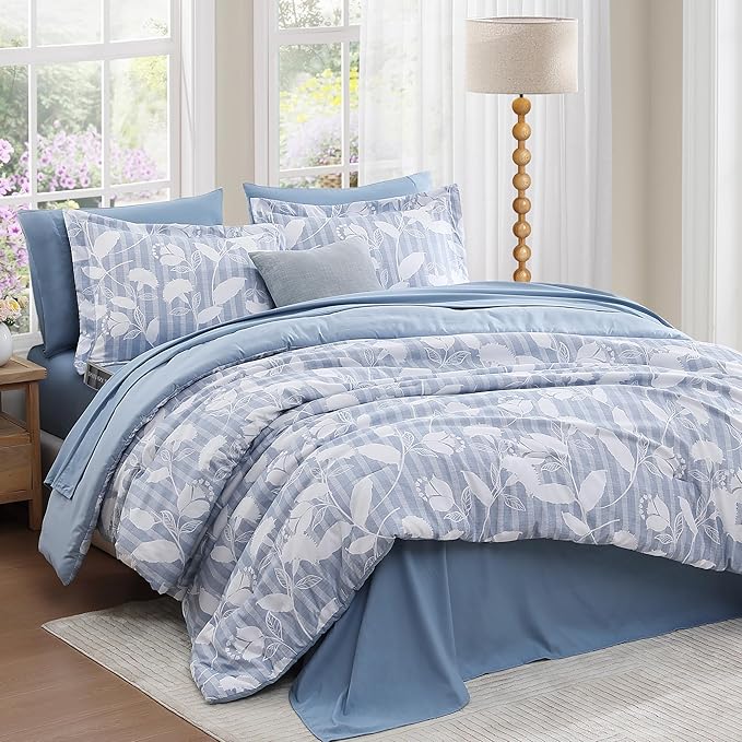King Comforter Set -7 Pieces Blue Floral Comforter Set for All Seasons, Bed in a Bag King with Botanical Flowers Comforter, Sheets, Pillowcases & Shams