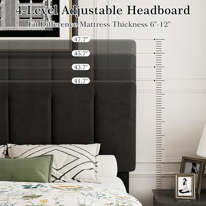 VECELO Full Bed Frame with Upholstered Headboard, Heavy-Duty Platform Bedframe with Strong Wooden Slats Support, No Boxing Spring Needed, Velvet & Black