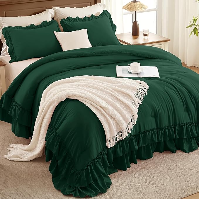 Andency Dark Green Comforter Set Queen Size, Lightweight Fluffy Farmhouse Ruffle Bedding Set, Soft Microfiber All Season Shabby Chic Bed Comforter Set 3 Pieces(1 Comforter 2 Pillowcases)