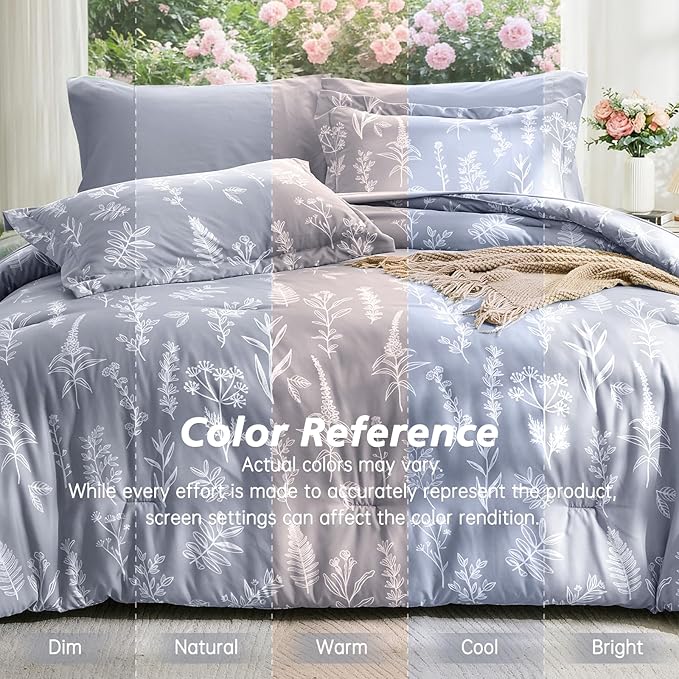 MUXHOMO Light Grey Full Comforter Set, Elegant Floral Print Bed in a Bag 7 Pieces, Ultra Soft & Breathable Reversible Botanical Pattern Bedding Set with Comforter, Sheets, Pillowcases, and Shams