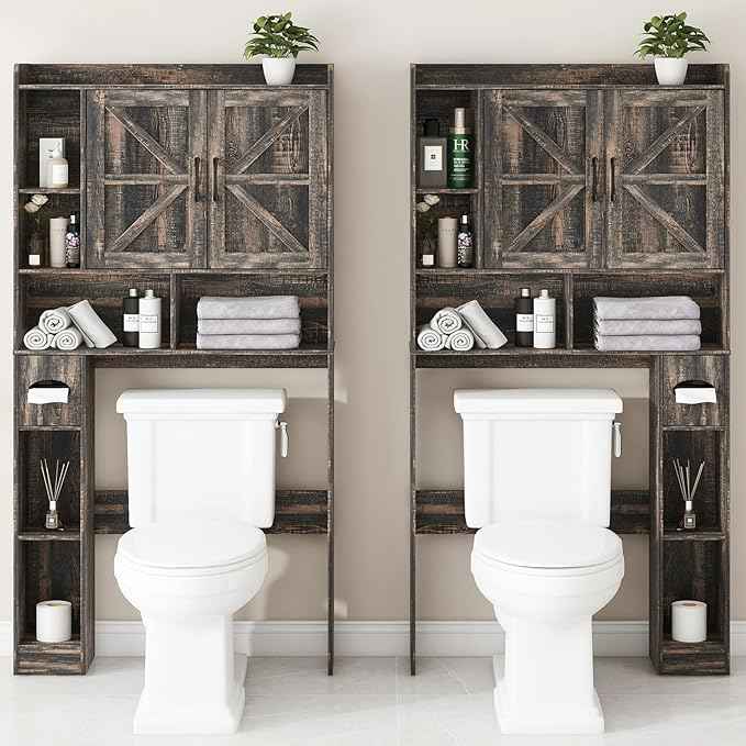 Over The Toilet Storage Cabinet, Farmhouse Storage Cabinet Over Toilet with 2 Barn Doors & Toilet Paper Holder Stand，Home Space-Saving Toilet Rack, for Bathroom, Restroom, Laundry