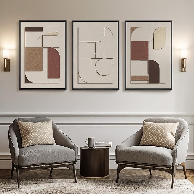 Large 3D Textured Framed Neutral Wall Art for Living Room, Brown Tan Beige Geometric Texture Artwork for Walls, 3 Piece Modern Minimalist Sandstone Art Painting for Hallway Office Wall Decor, 20x30 In