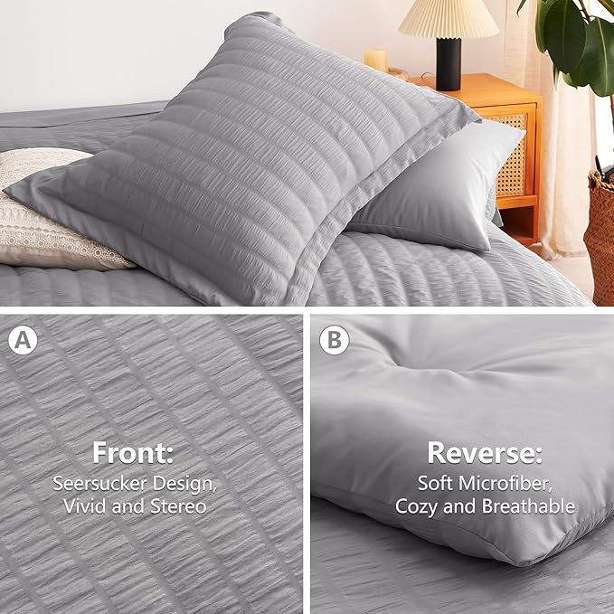 CozyLux Queen Comforter Set Grey Seersucker 7 Pieces Bed in a Bag Queen Comforter Set with Sheets, Gray Luxury Soft Bedding Set with Down Alternative Comforter, Sheets, Pillowcases & Shams All Seasons