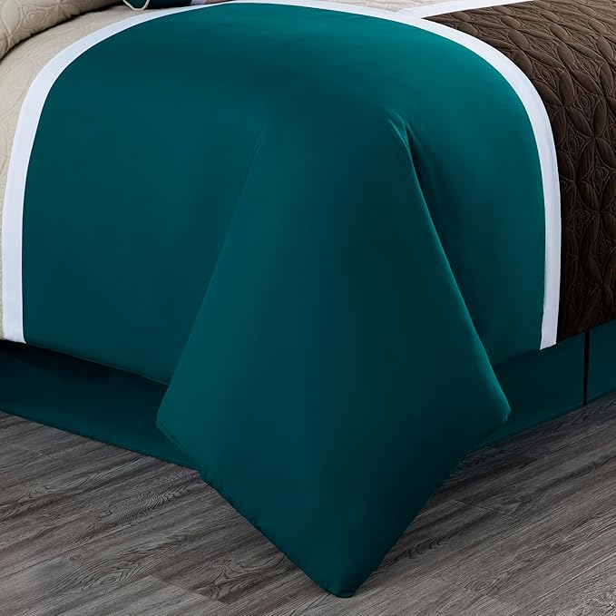 Chezmoi Collection Upland 7-Piece Quilted Patchwork Comforter Set, Teal/Beige/Brown, King