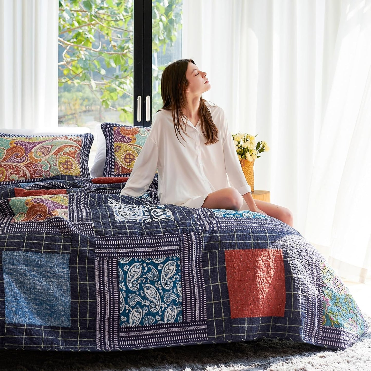 Secgo Queen Comforter Set for Bed - 100% Cotton Quilts Queen Size, Black Bedspreads (90 * 98 Inch) with 2 Pillow Shams, Patchwork Reversible Lightweight Bedding