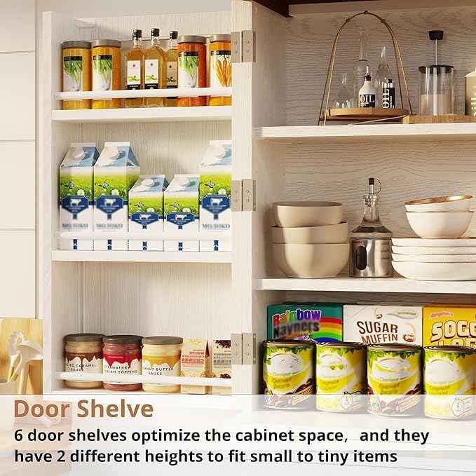 IRONCK Farmhouse Kitchen Pantry Cabinet, 72" Height Tall Freestanding Cupboard with Sliding Storage Rack and 6 Hanging Shelves for Kitchen, Dining Room, White