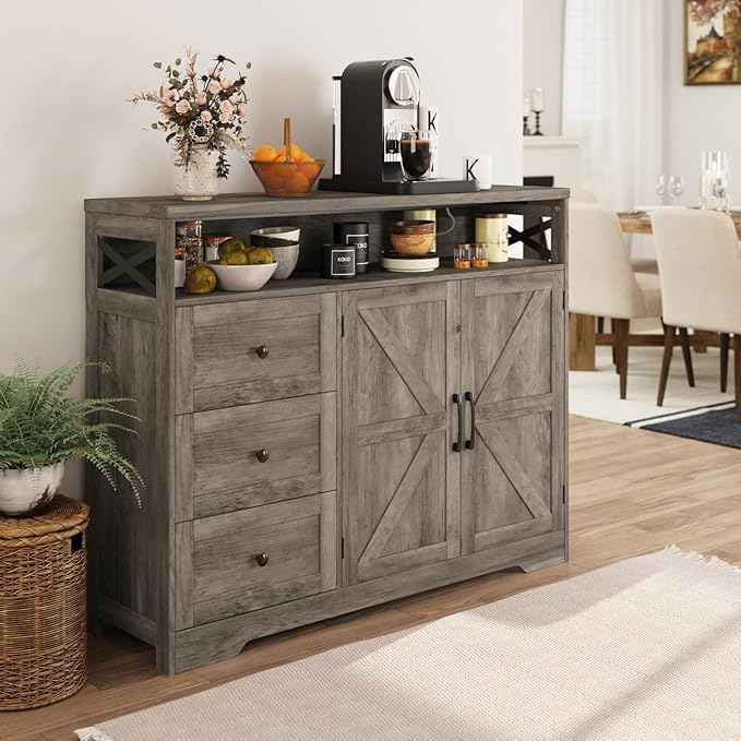 Vabches 47''W Farmhouse Sideboard Buffet Cabinet with Charging Station and 3 Drawers, Coffee Bar with Adjustable Shelf, Rustic Accent Cabinet with Storage for Kitchen, Living Dining Room, Rustic Grey