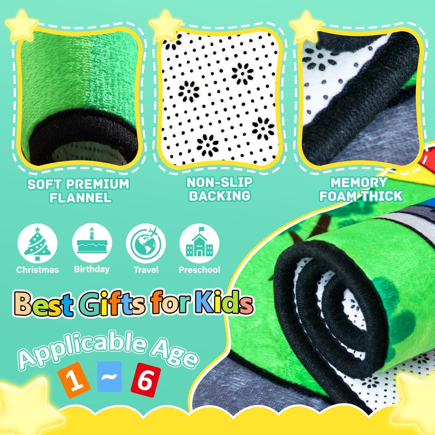 Kids Rug, Car Carpet for Kids' Toy Cars, 4x6 Ft Dinosaur Rug, Dino Safari Road Mat for Playroom, Educational Learning & Game Area Baby Play Mat Carpet for Children