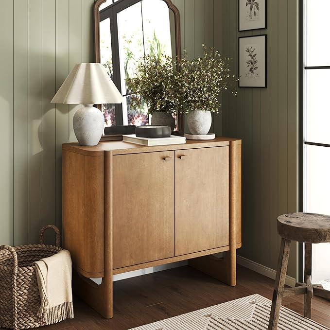 Nathan James Solace Mid Century Modern Cabinet, Storage Cabinet or Accent Cabinet with Doors with Solid Wood Legs and Adjustable Shelf, Light Brown
