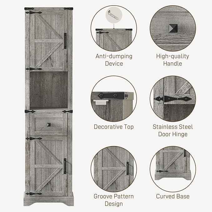 Vabches 66" Tall Farmhouse Bathroom Storage Cabinet with Barn Doors and Drawer, Narrow Storage Unit, Adjustable Shelves & 5-Tier Space, Freestanding Cabinet for Bathroom, Entryway, Kitchen, Grey