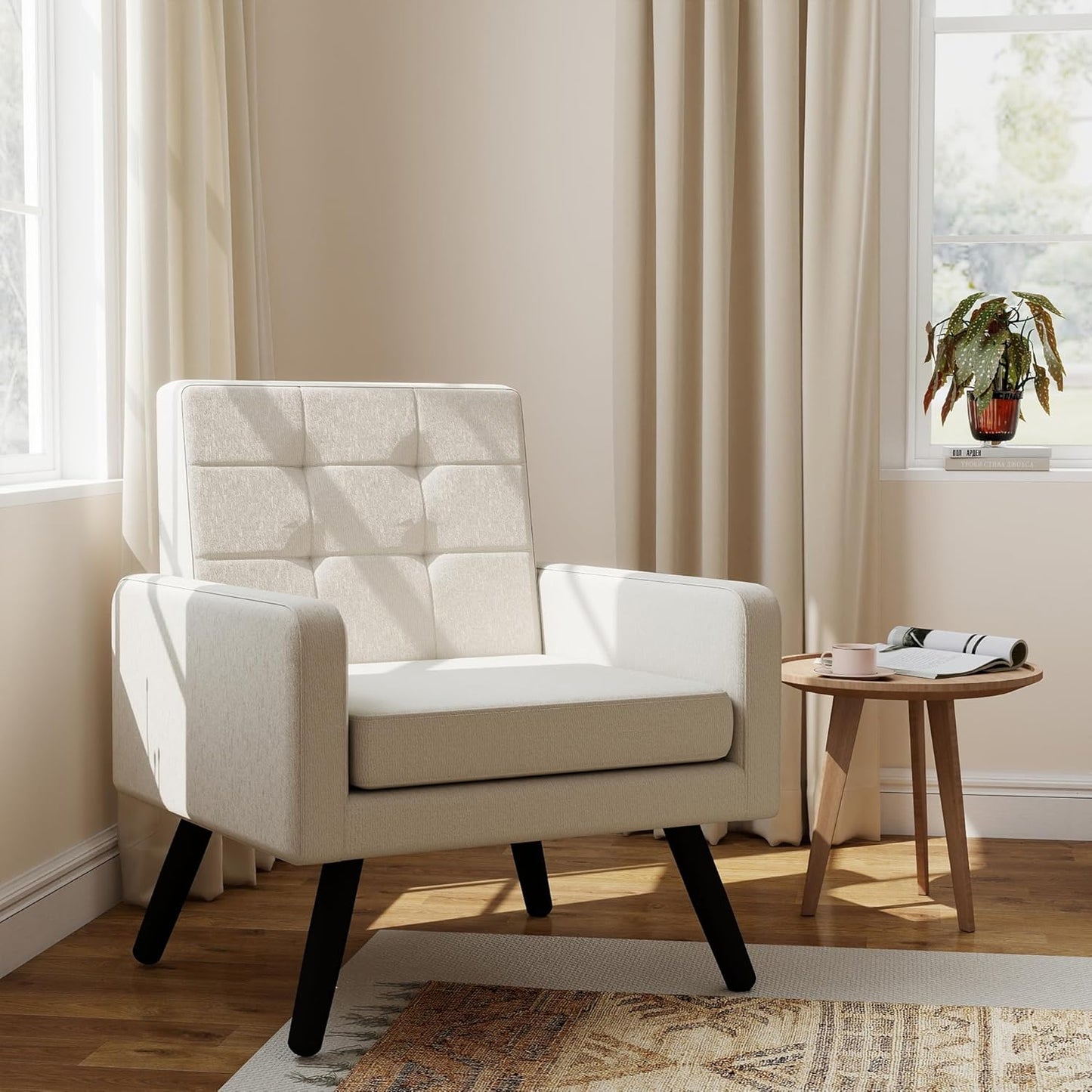 Kromax Mid-Century Modern Accent Chair for Living Room, 496 Lb. Weight Capacity, Dual Armrests, Comfy Extra Large Seat, Timeless Style Perfect for Reading & Relaxing, Beige